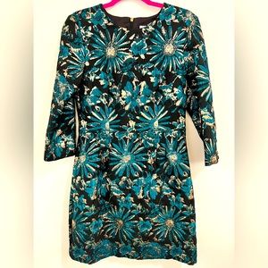 Trina Turk. Black, teal, metallic gold brocade. Very fitted. Zip back.